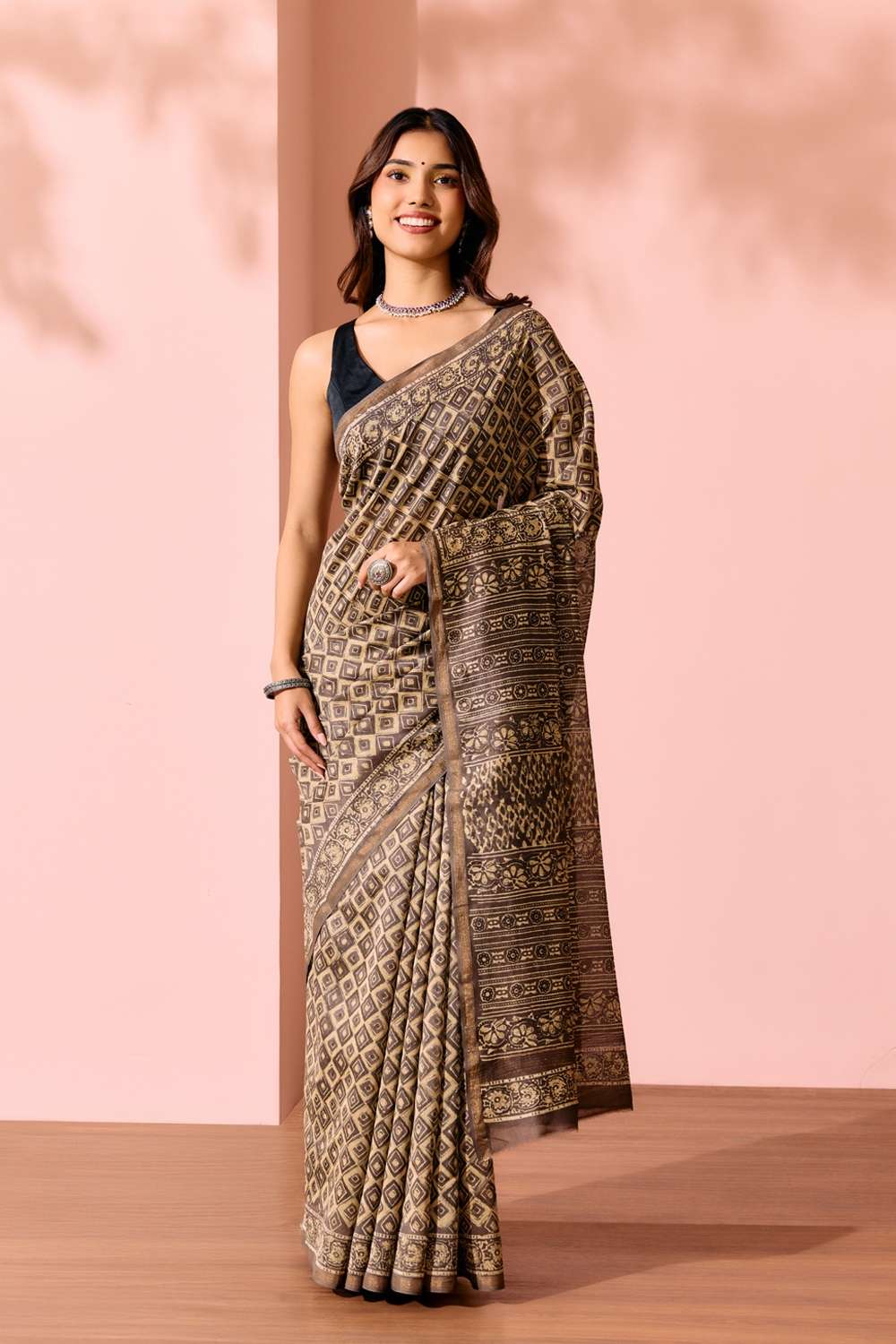 Beige Block Printed Pure Silk Cotton Chanderi Saree image number null