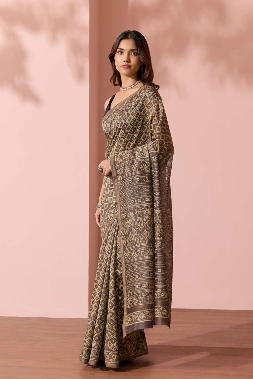 Beige Block Printed Pure Silk Cotton Chanderi Saree image number null