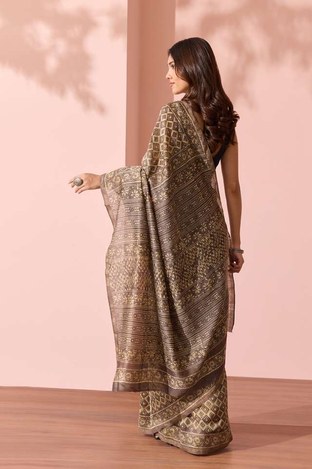 Beige Block Printed Pure Silk Cotton Chanderi Saree thumbnail image number null