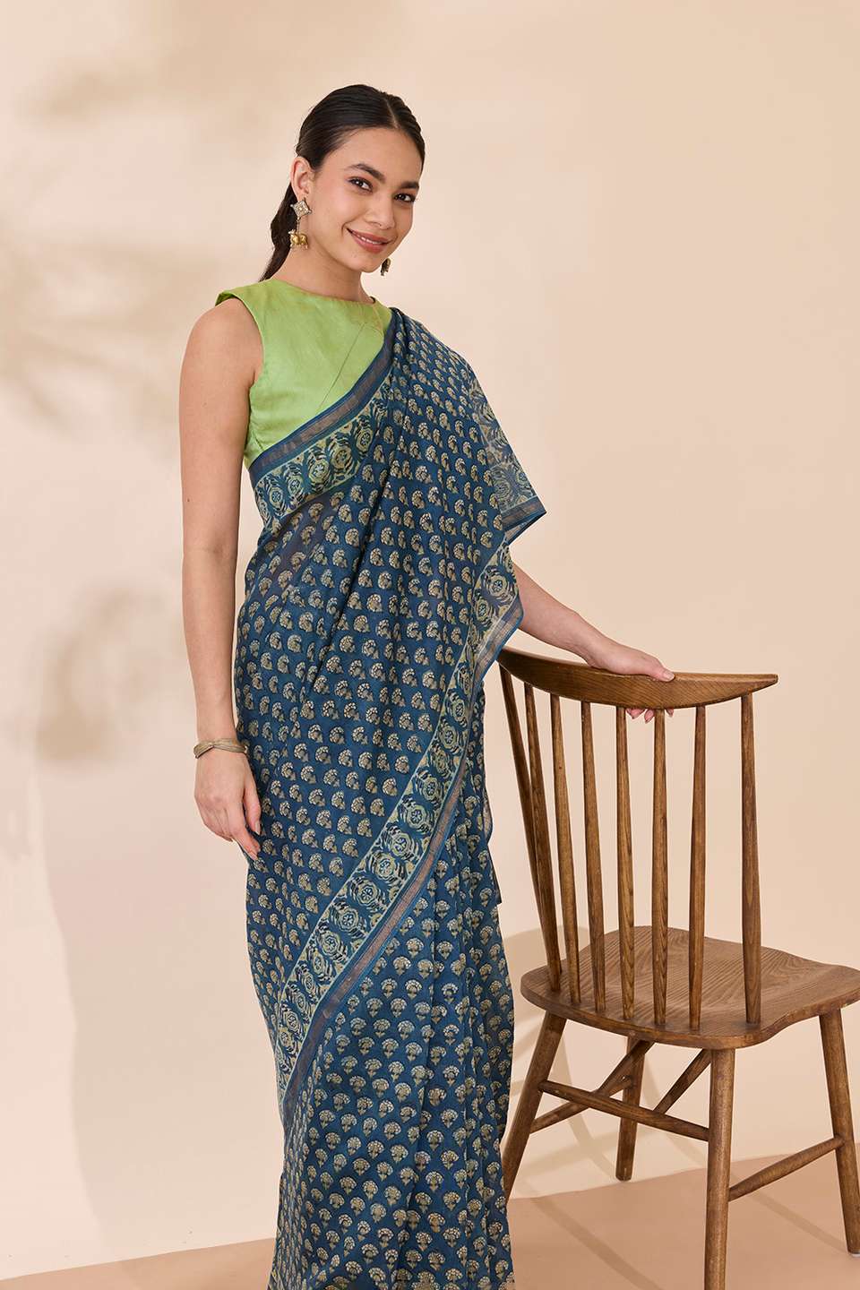 Blue Block Printed Pure Silk Cotton Chanderi Saree