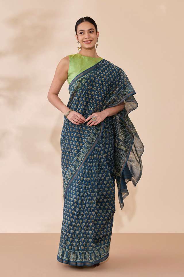 Blue Block Printed Pure Silk Cotton Chanderi Saree thumbnail image number null