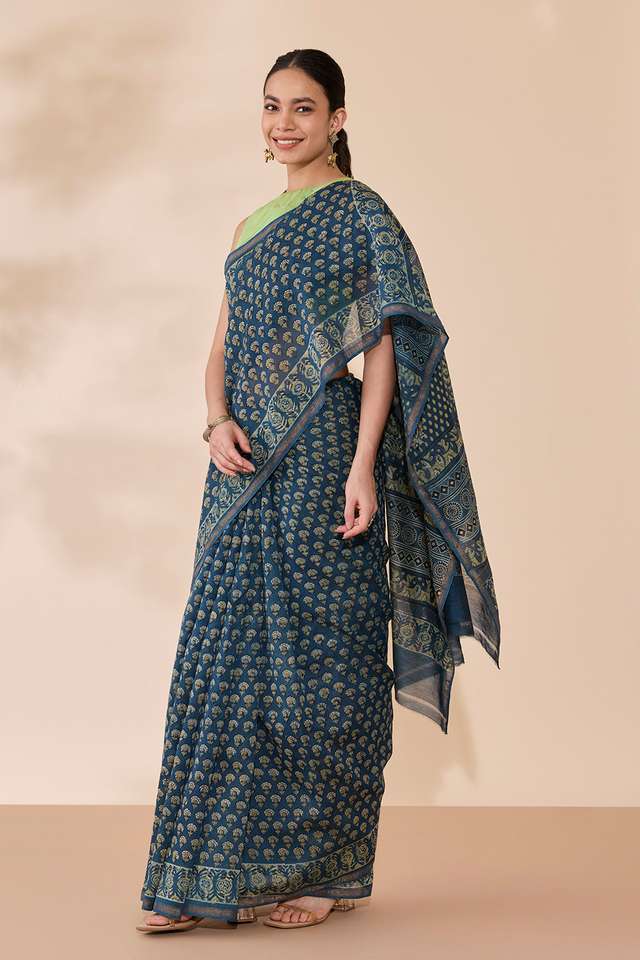 Blue Block Printed Pure Silk Cotton Chanderi Saree thumbnail image number null