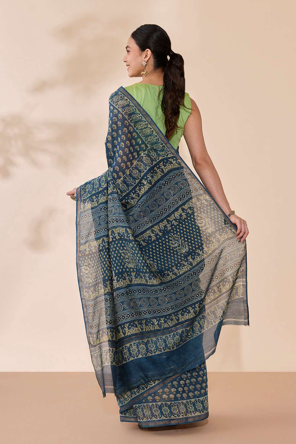 Blue Block Printed Pure Silk Cotton Chanderi Saree image number null