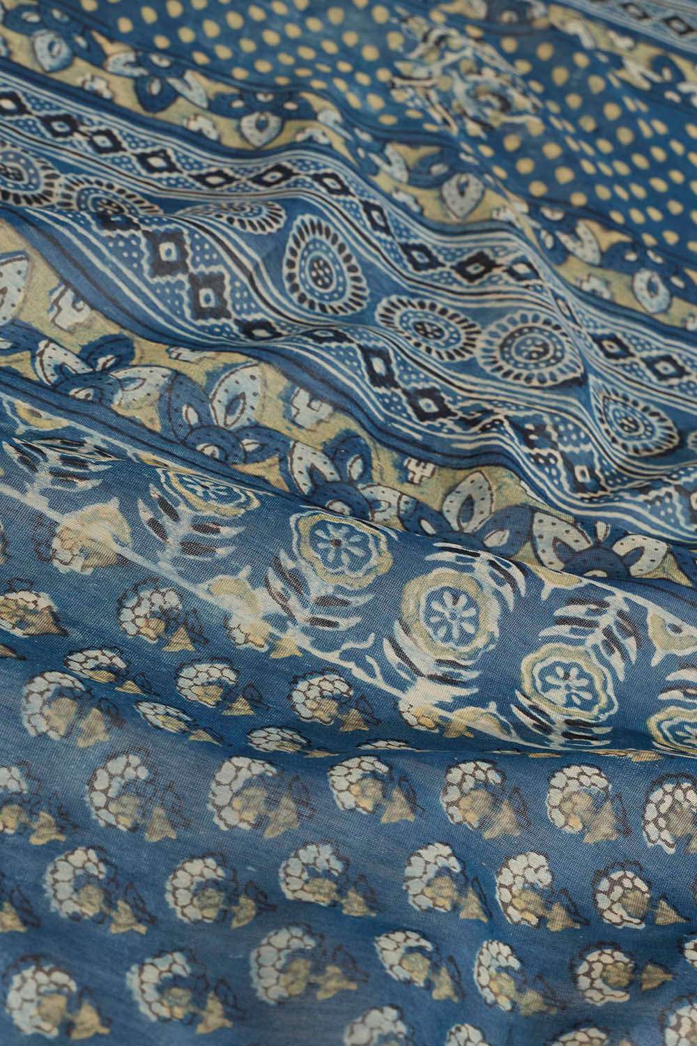 Blue Block Printed Pure Silk Cotton Chanderi Saree image number null