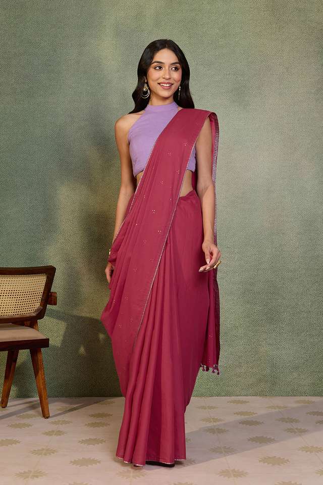 Dark Pink Mukaish Embroidery Pure Cotton Bengal Saree thumbnail image number null