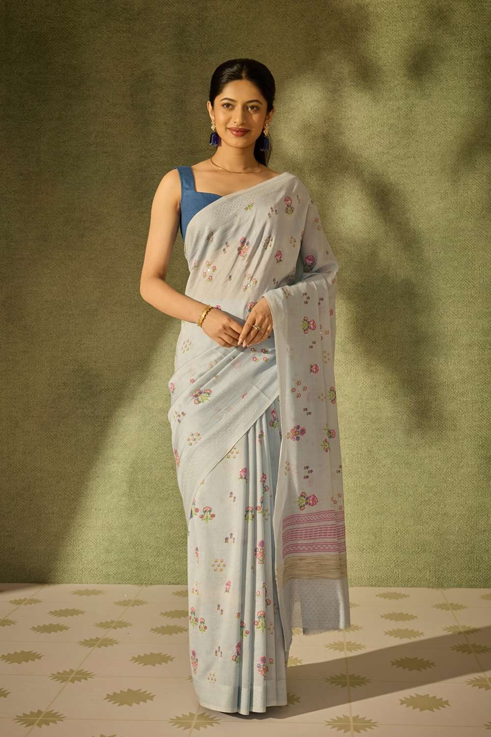Light Blue Pure Silk Cotton Mukaish Saree image number null