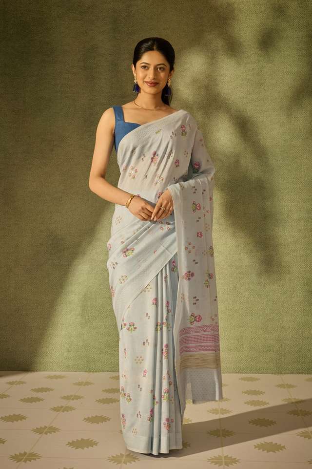 Light Blue Pure Silk Cotton Mukaish Saree thumbnail image number null