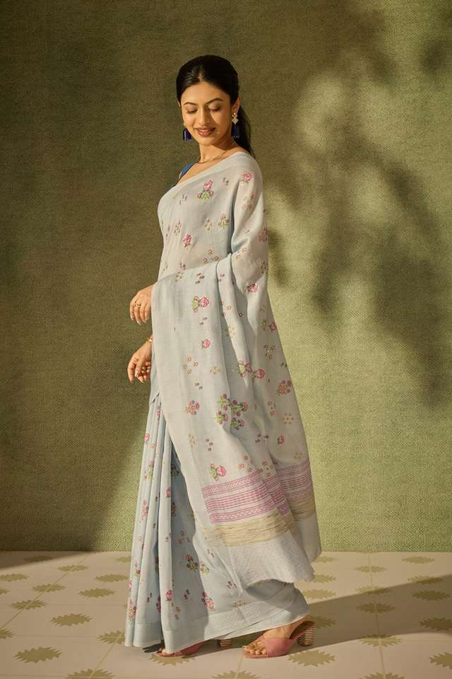Light Blue Pure Silk Cotton Mukaish Saree thumbnail image number null