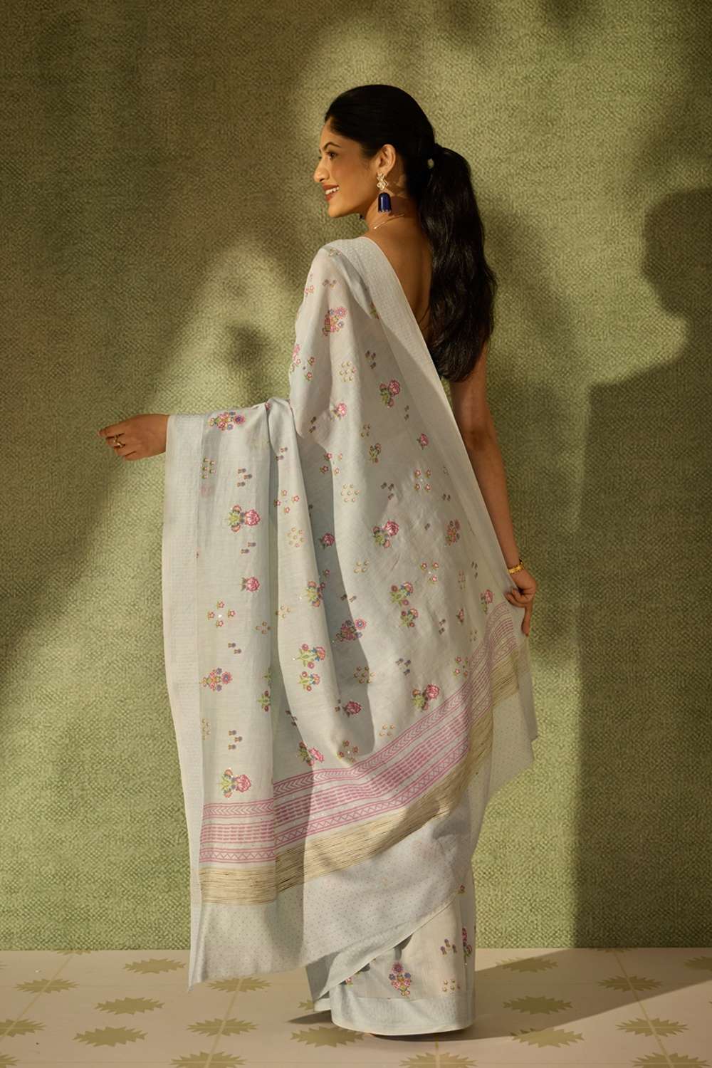 Light Blue Pure Silk Cotton Mukaish Saree image number null