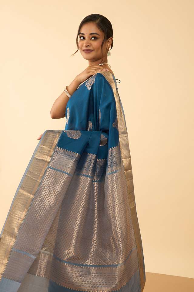 Dark Blue Woven Silk Viscose Saree thumbnail image number null