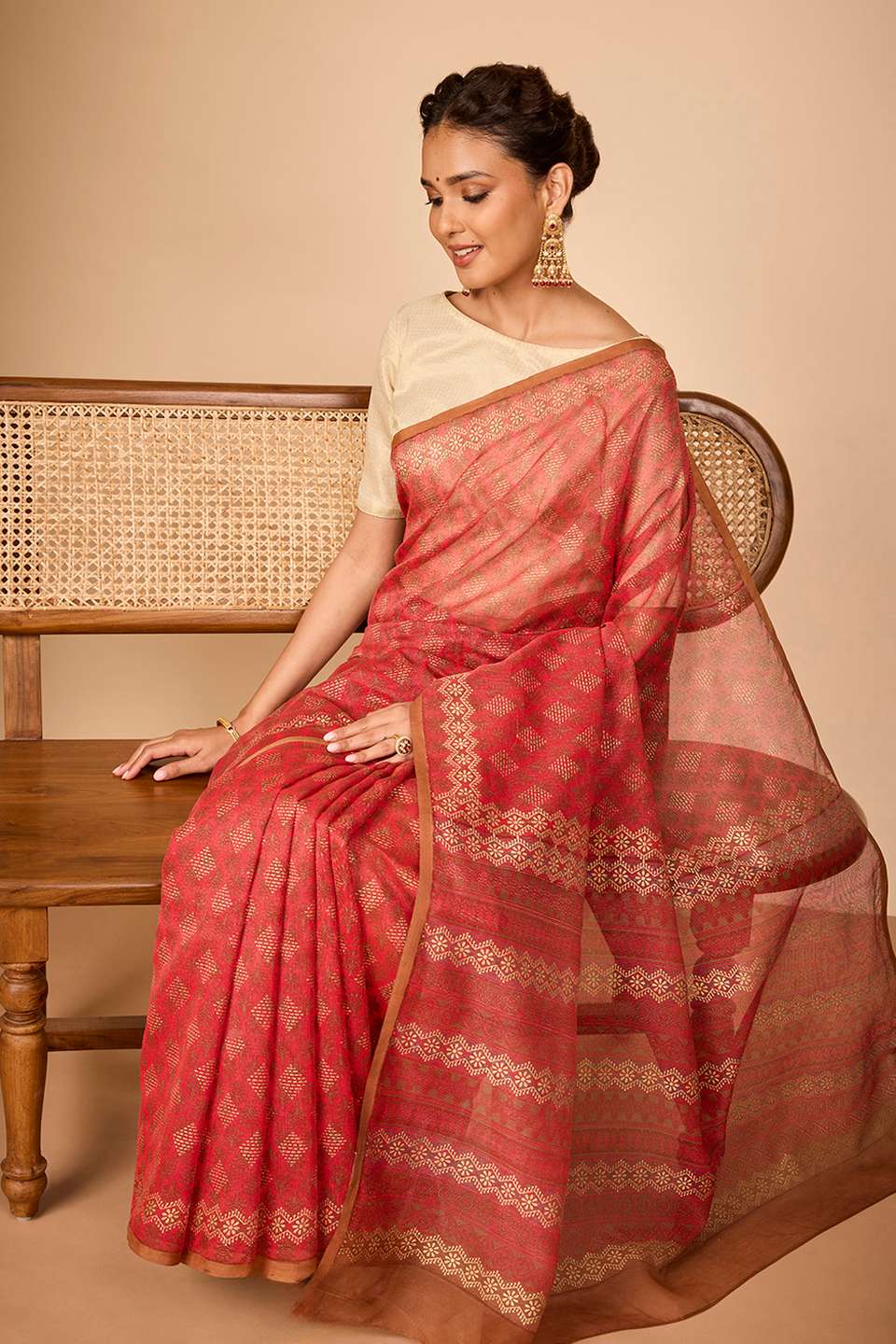 Light Red Bengal Pure Silk Cotton Block Printed Saree