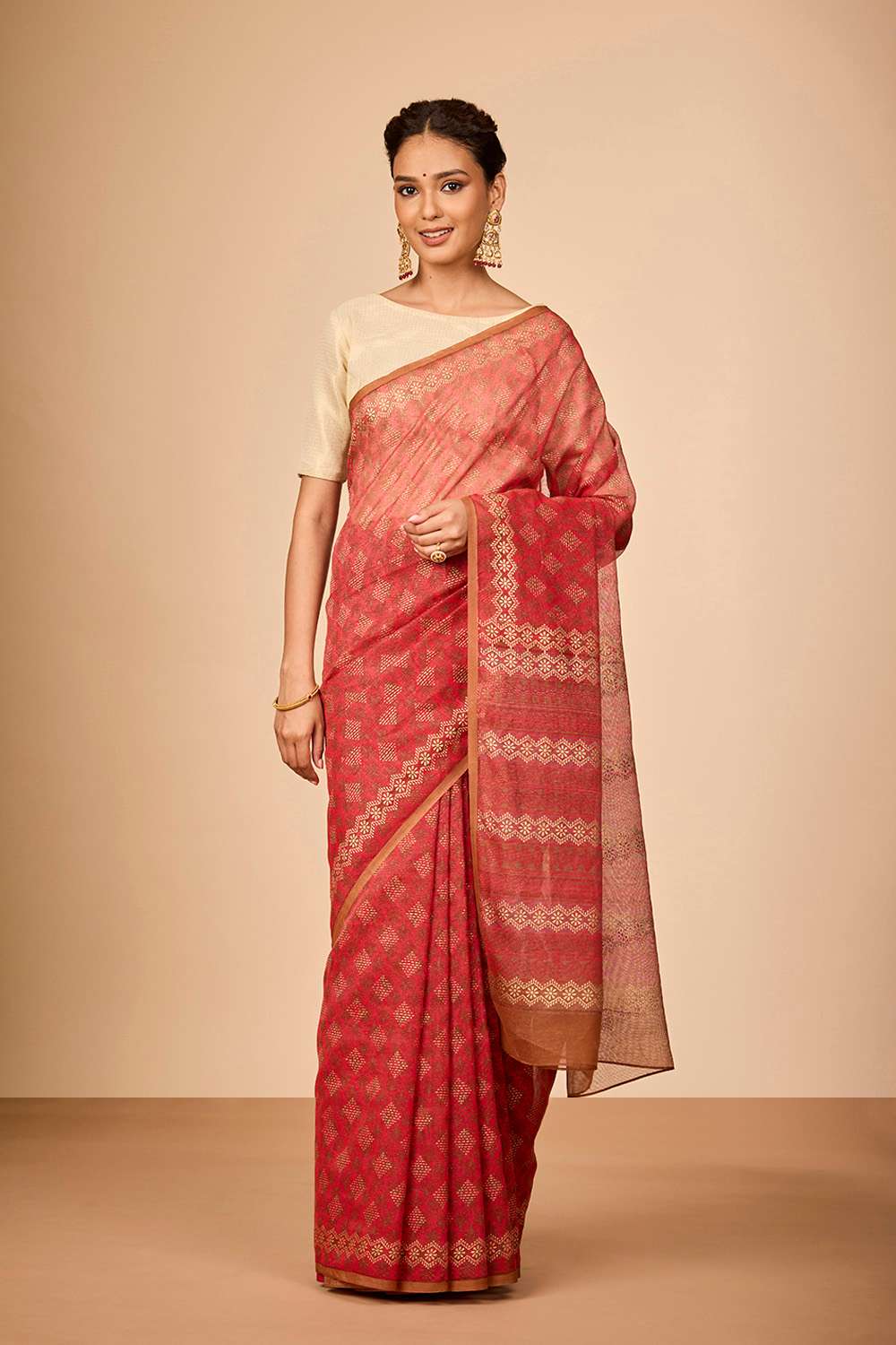Light Red Bengal Pure Silk Cotton Block Printed Saree image number null