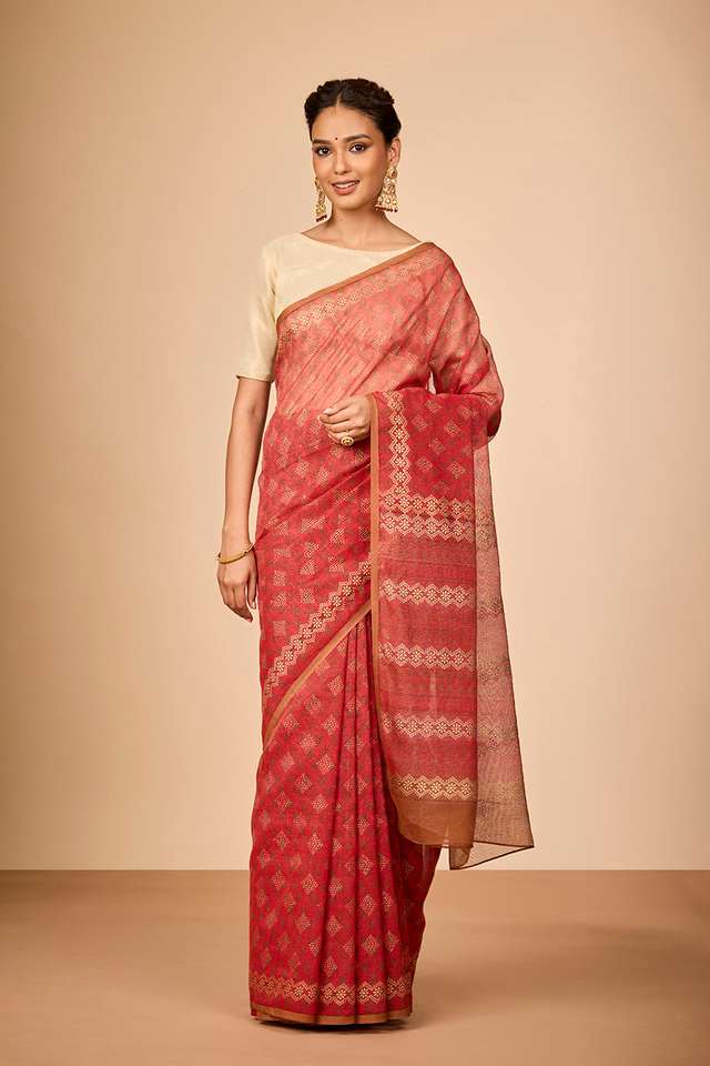 Light Red Bengal Pure Silk Cotton Block Printed Saree thumbnail image number null