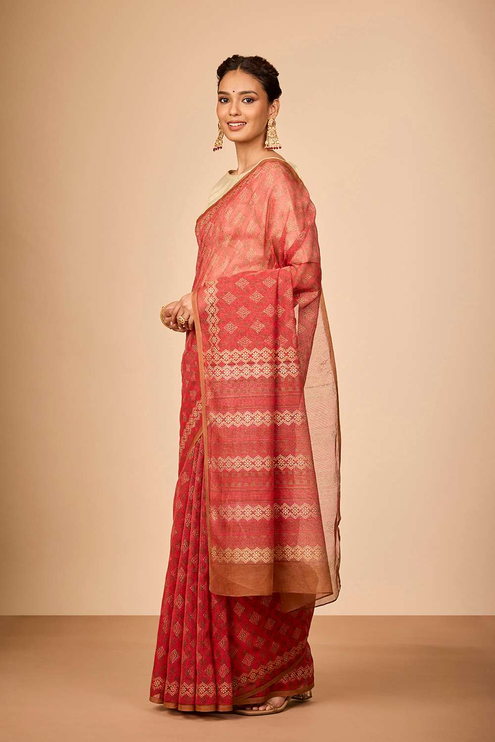 Light Red Bengal Pure Silk Cotton Block Printed Saree image number null