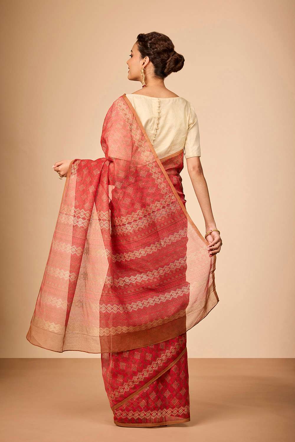 Light Red Bengal Pure Silk Cotton Block Printed Saree image number null