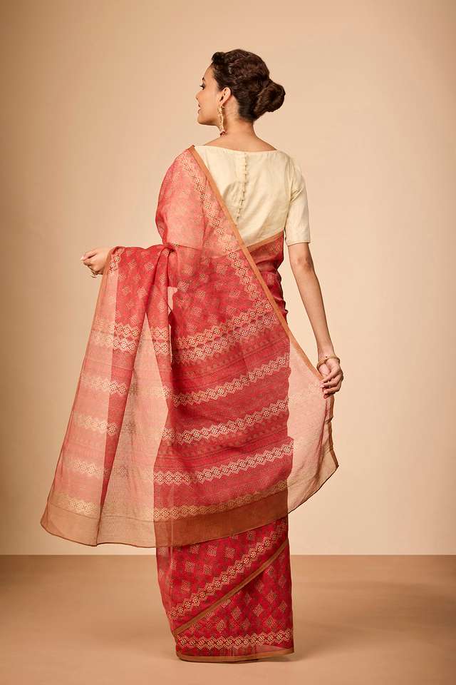 Light Red Bengal Pure Silk Cotton Block Printed Saree thumbnail image number null