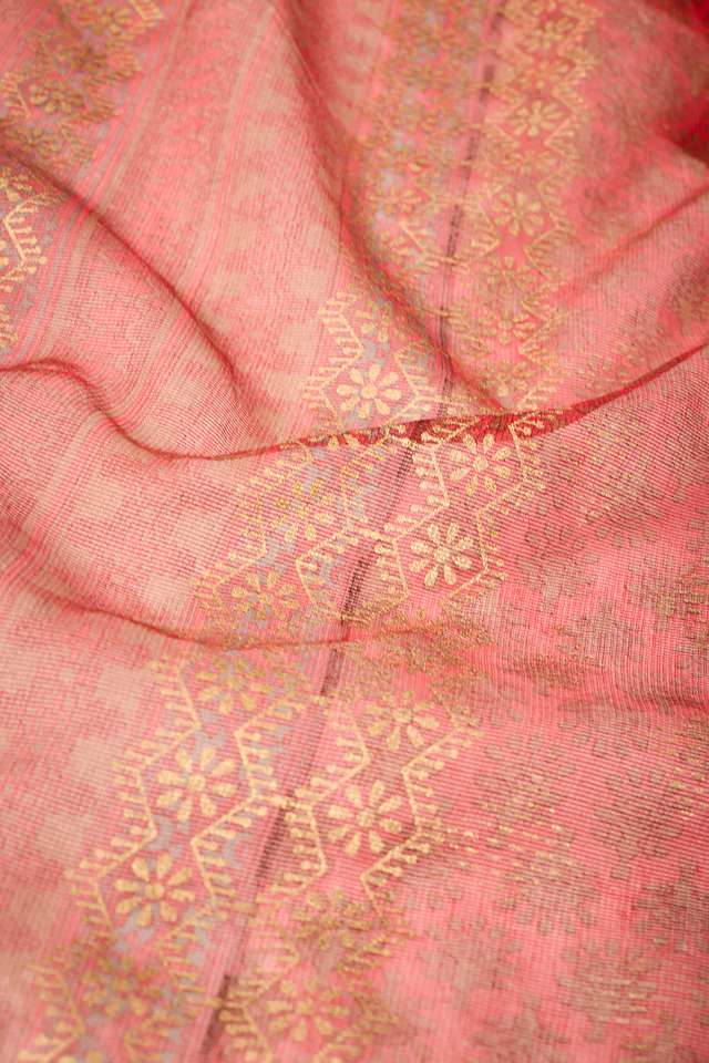 Light Red Bengal Pure Silk Cotton Block Printed Saree thumbnail image number null