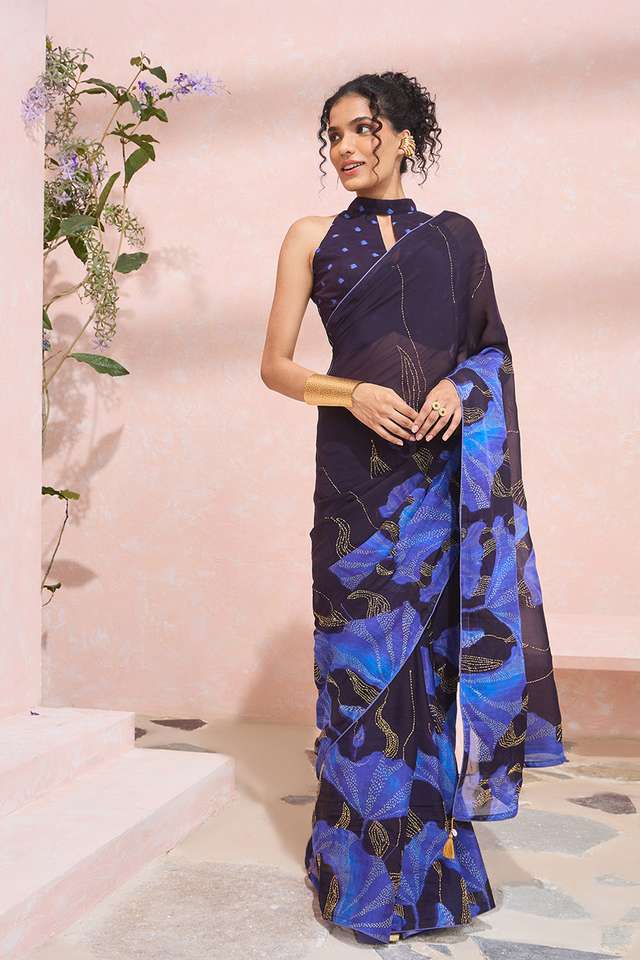 Dark Blue Printed Viscose Organza Kantha Saree image number