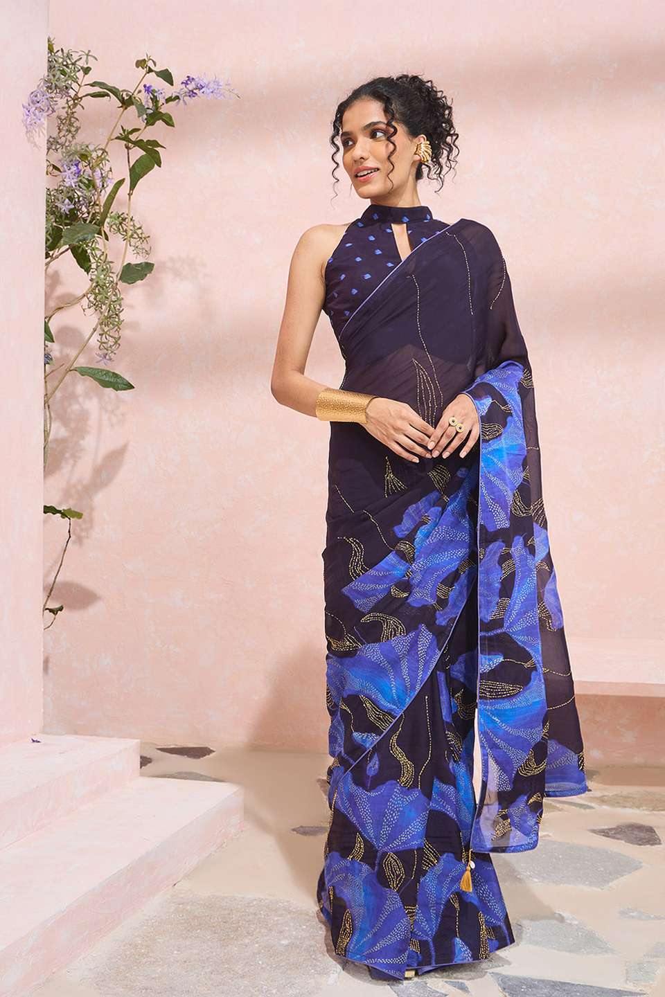 Dark Blue Printed Viscose Organza Kantha Saree