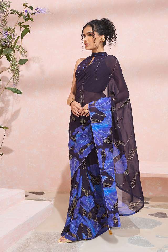 Dark Blue Printed Viscose Organza Kantha Saree thumbnail image number null