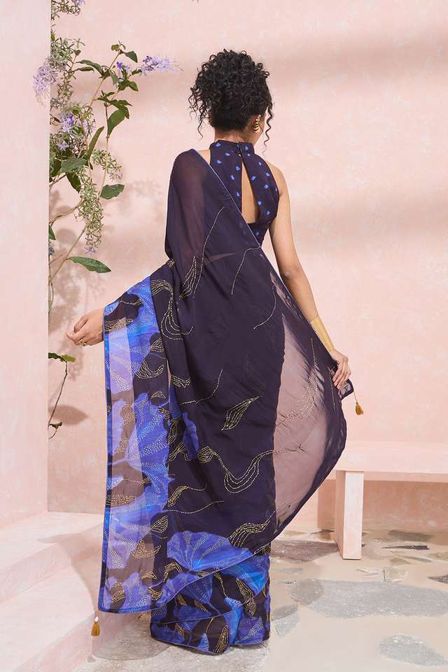 Dark Blue Printed Viscose Organza Kantha Saree thumbnail image number null