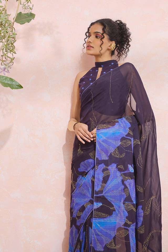 Dark Blue Printed Viscose Organza Kantha Saree thumbnail image number null