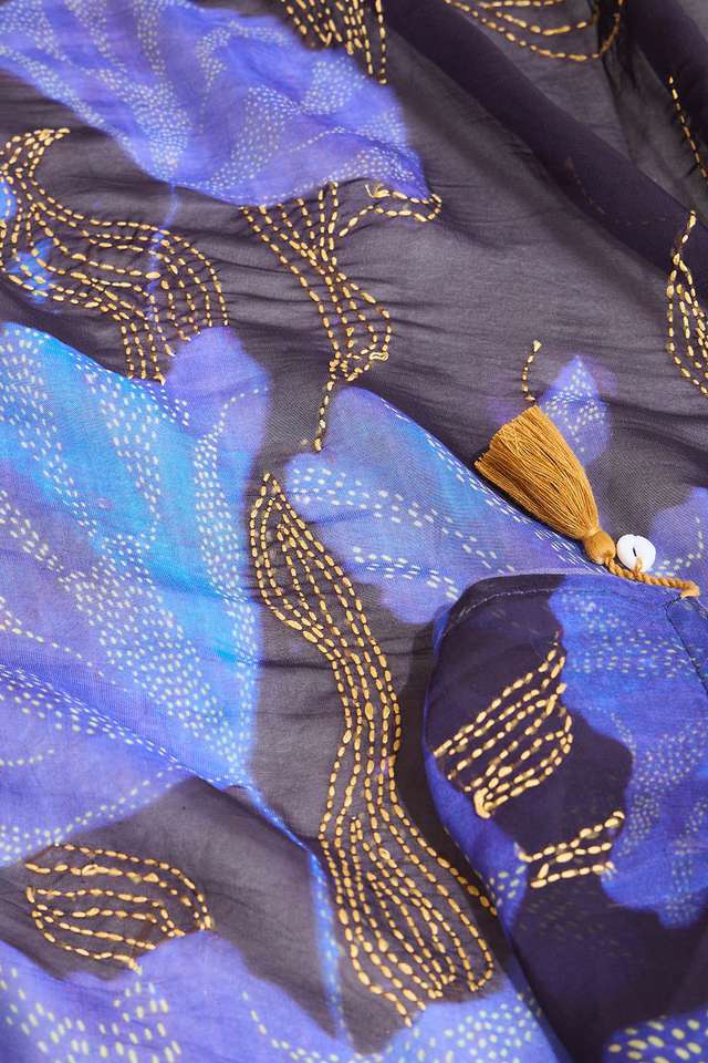 Dark Blue Printed Viscose Organza Kantha Saree thumbnail image number null