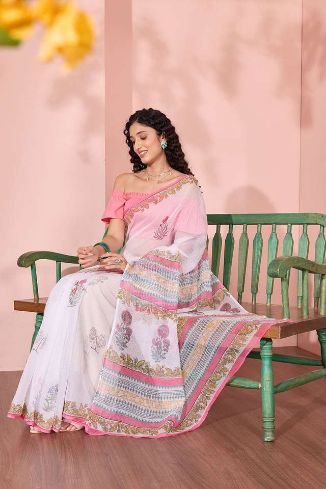 Off White Rajasthan Pure Cotton Kota Printed Sanganeri Saree image number
