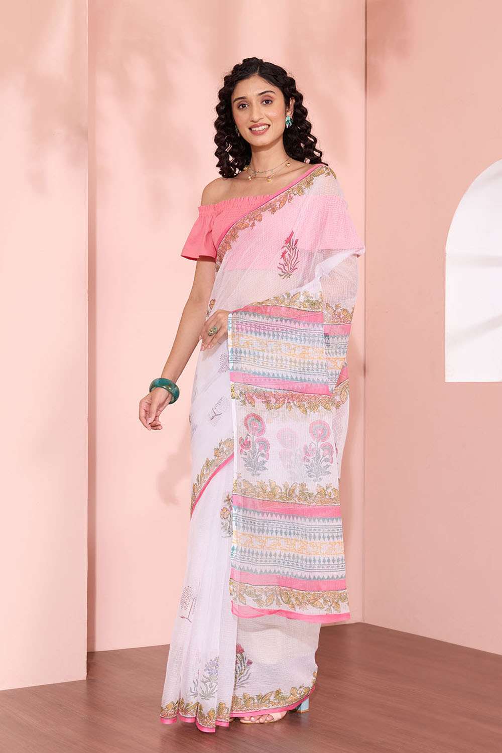 Off White Rajasthan Pure Cotton Kota Printed Sanganeri Saree image number null