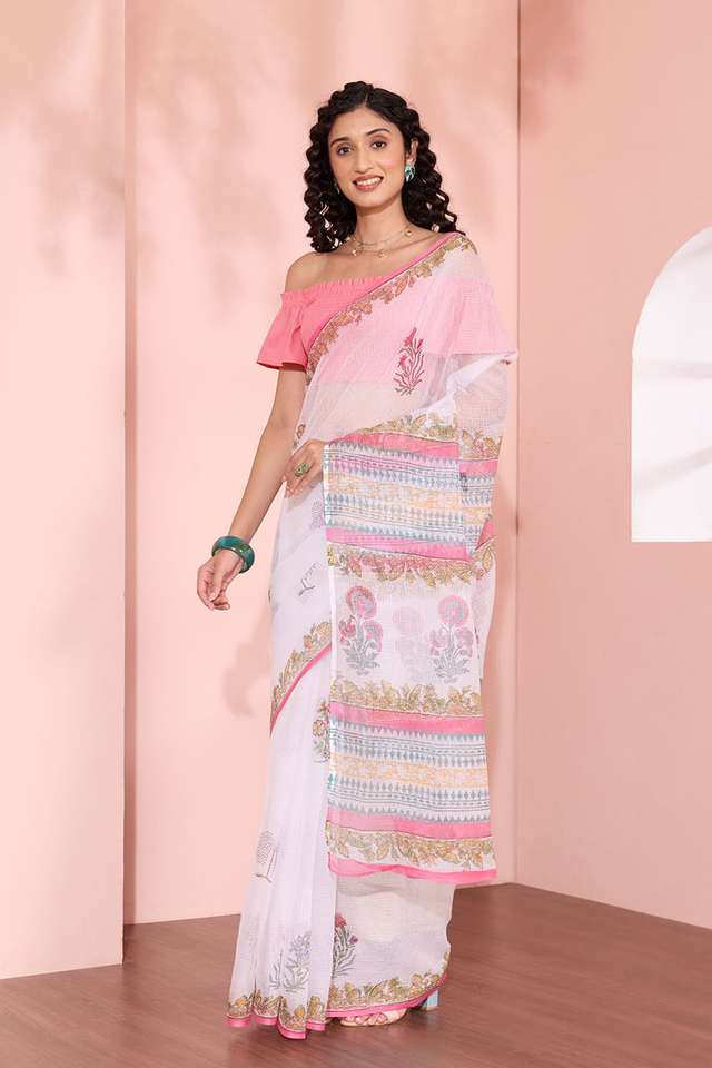Off White Rajasthan Pure Cotton Kota Printed Sanganeri Saree thumbnail image number null