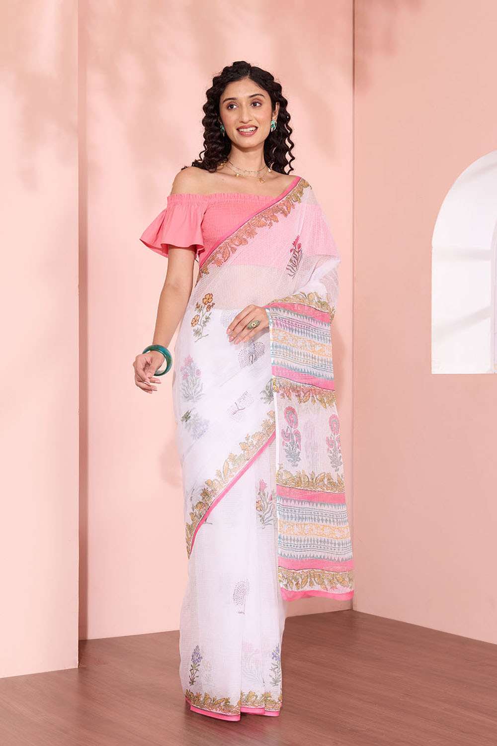 Off White Rajasthan Pure Cotton Kota Printed Sanganeri Saree image number null