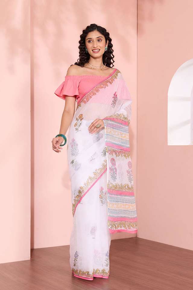 Off White Rajasthan Pure Cotton Kota Printed Sanganeri Saree thumbnail image number null