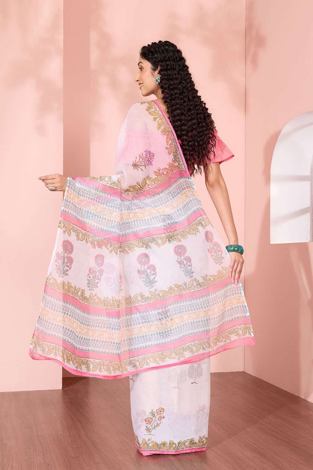 Off White Rajasthan Pure Cotton Kota Printed Sanganeri Saree image number null