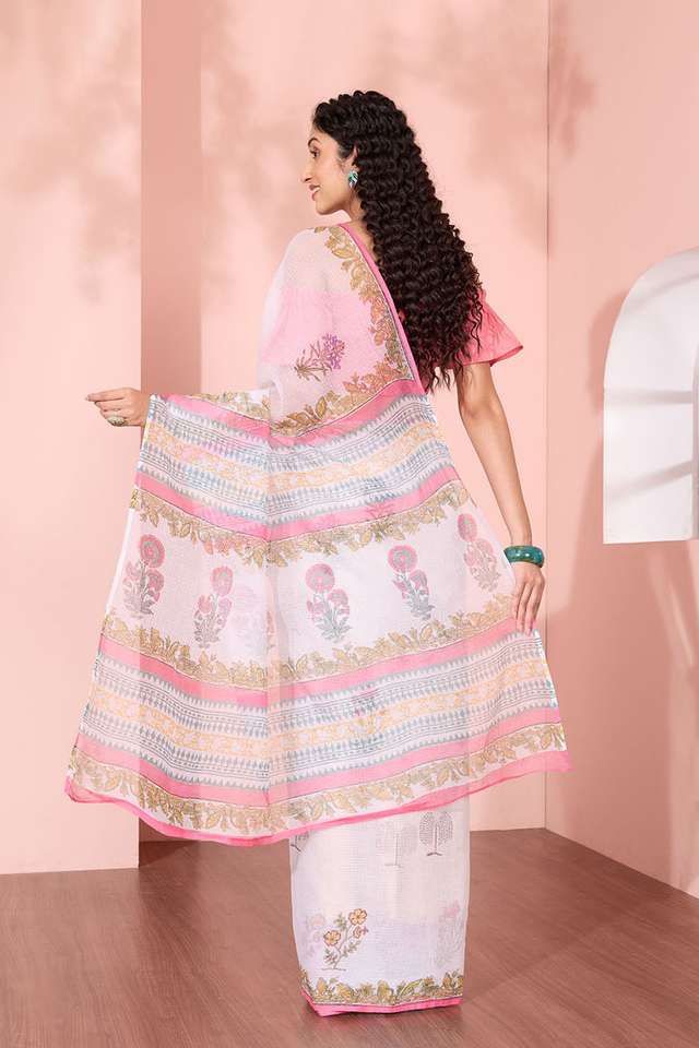 Off White Rajasthan Pure Cotton Kota Printed Sanganeri Saree thumbnail image number null