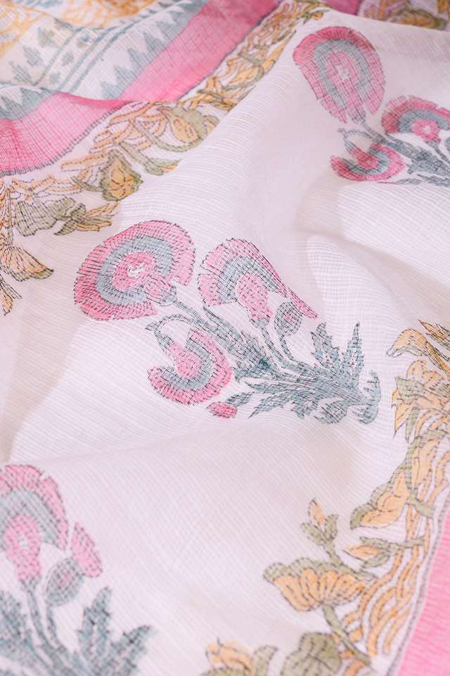 Off White Rajasthan Pure Cotton Kota Printed Sanganeri Saree thumbnail image number null