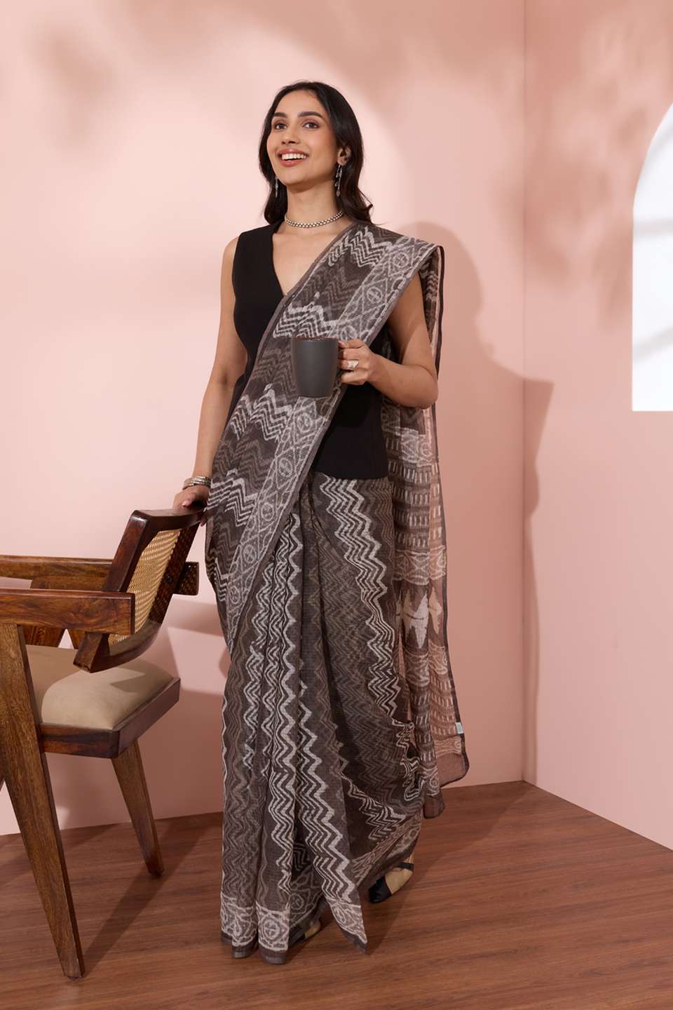 Grey Rajasthan Dabu Block Printed Pure Cotton Kota Saree