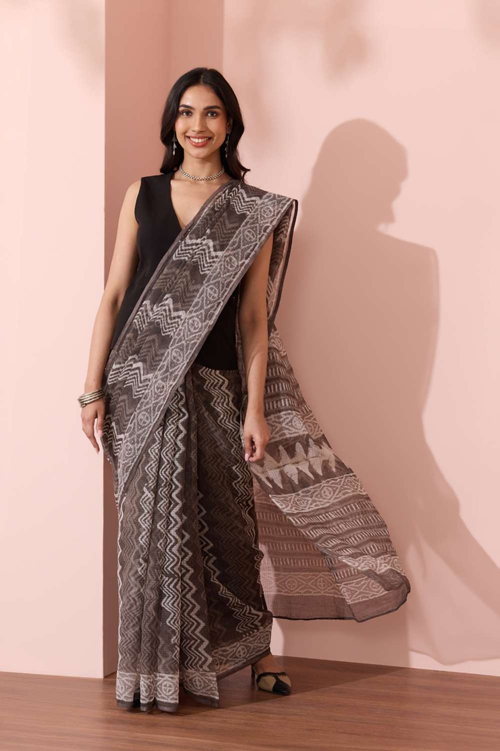 Grey Rajasthan Dabu Block Printed Pure Cotton Kota Saree image number null