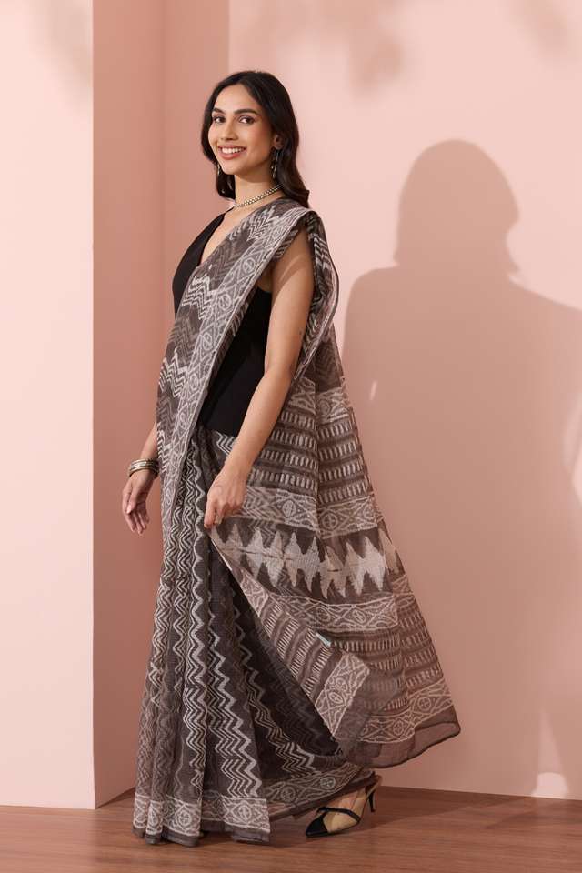 Grey Rajasthan Dabu Block Printed Pure Cotton Kota Saree thumbnail image number null