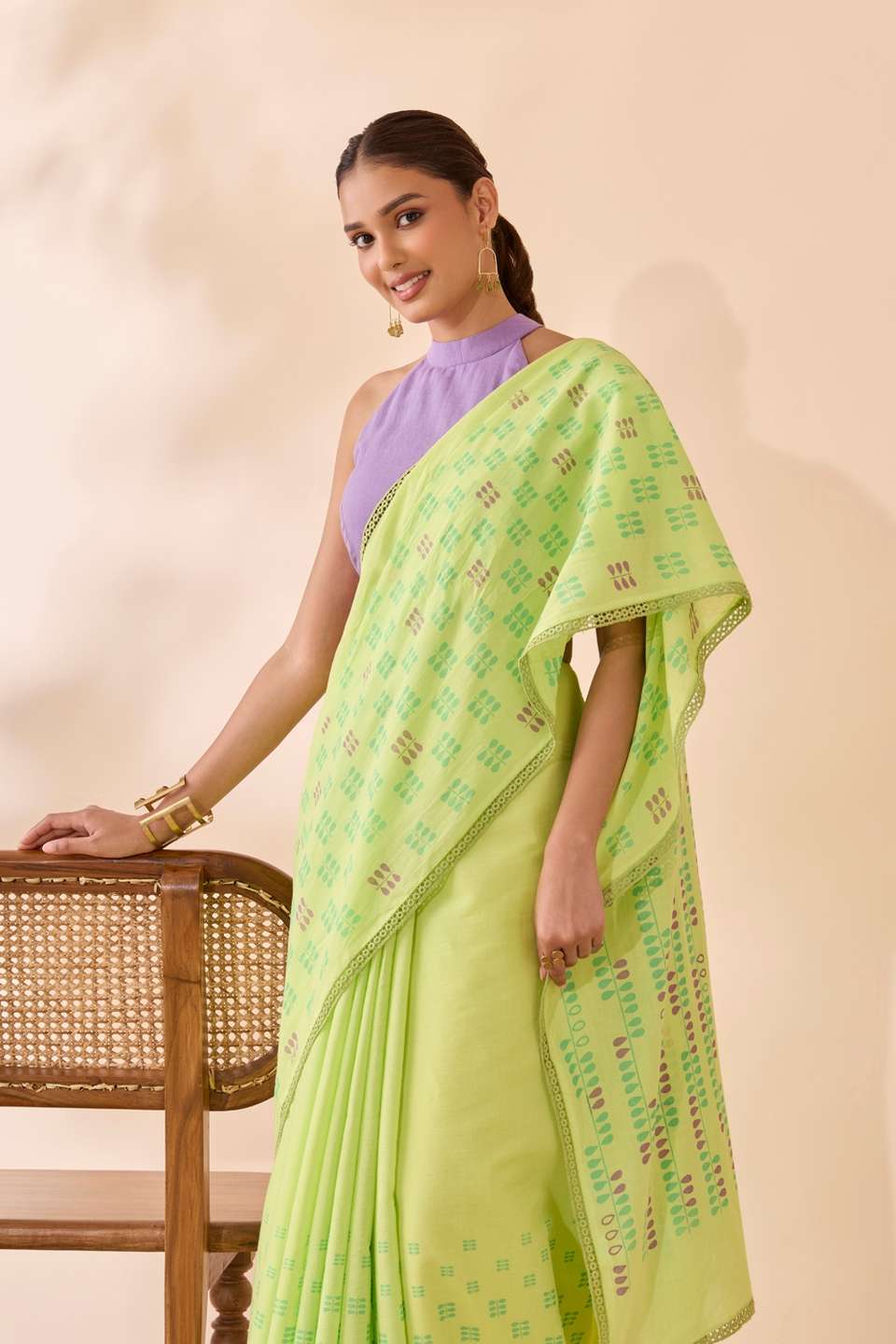 Light Green Screen Printed Bengal Pure Cotton Saree
