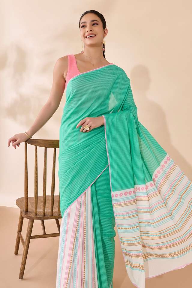 Green Screen Printed Bengal Pure Cotton Saree image number