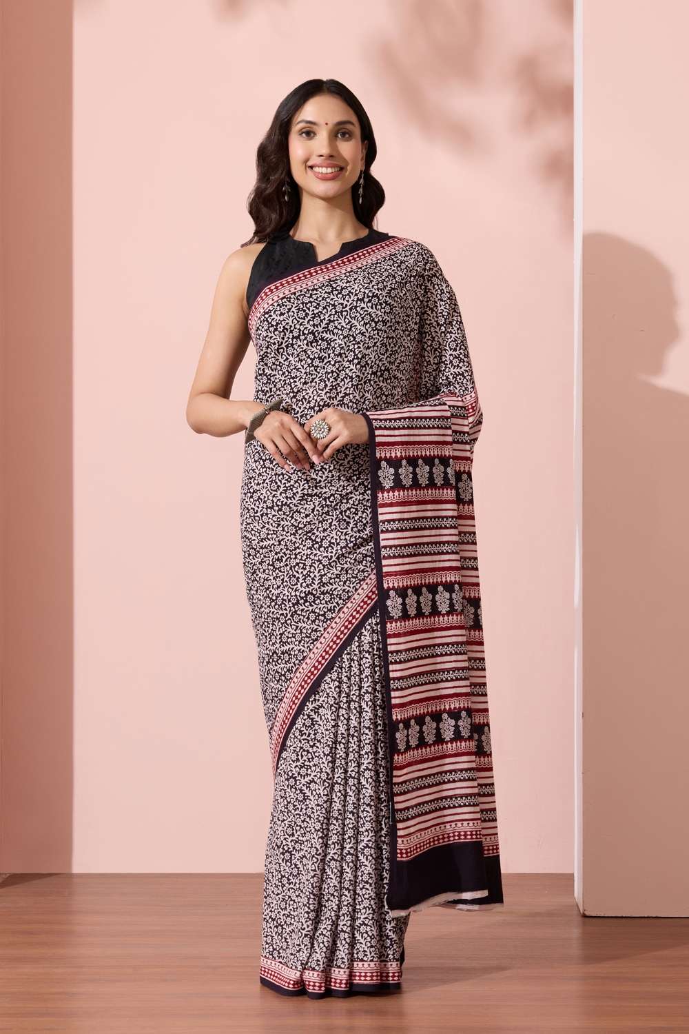 Black Bagh Block Printed Pure Cotton Saree image number null