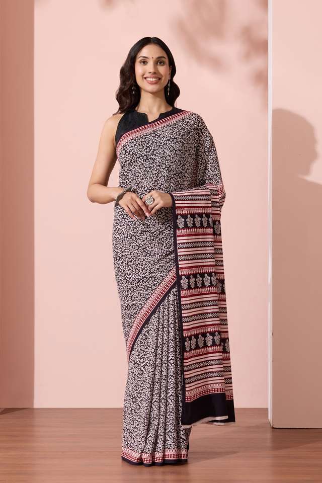 Black Bagh Block Printed Pure Cotton Saree thumbnail image number null