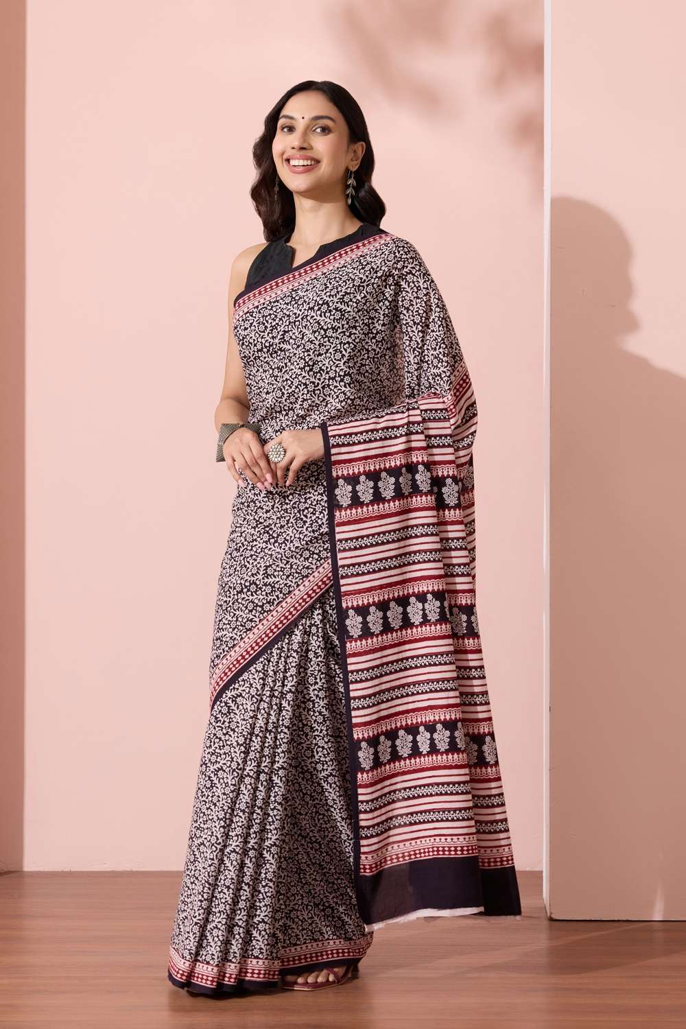 Black Bagh Block Printed Pure Cotton Saree image number null