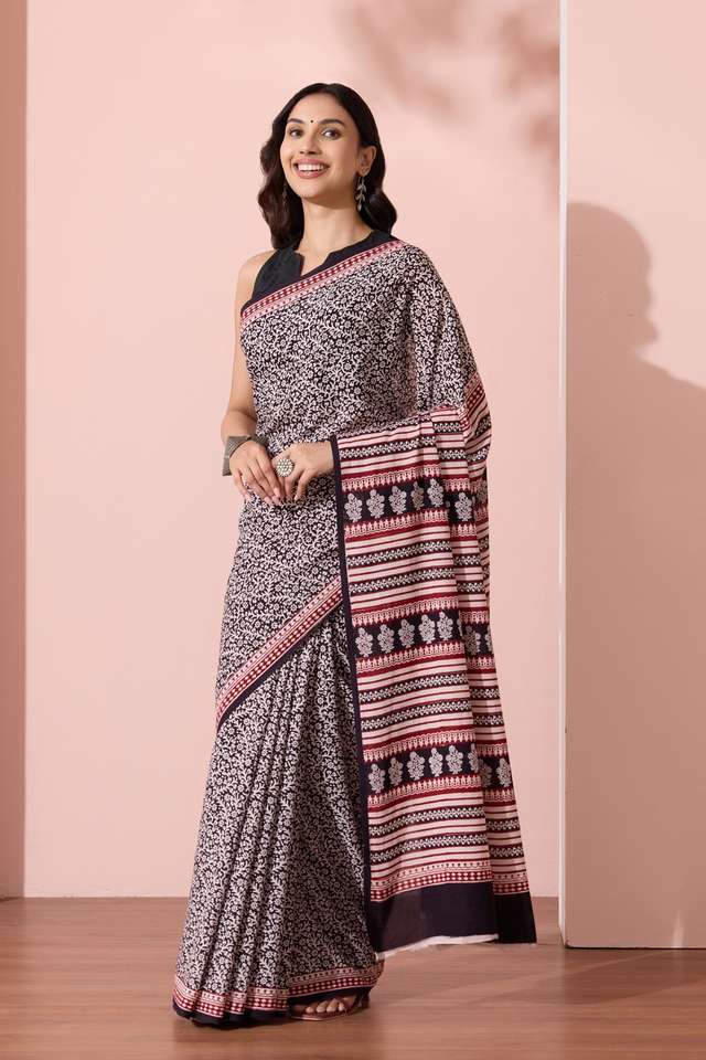 Black Bagh Block Printed Pure Cotton Saree thumbnail image number null