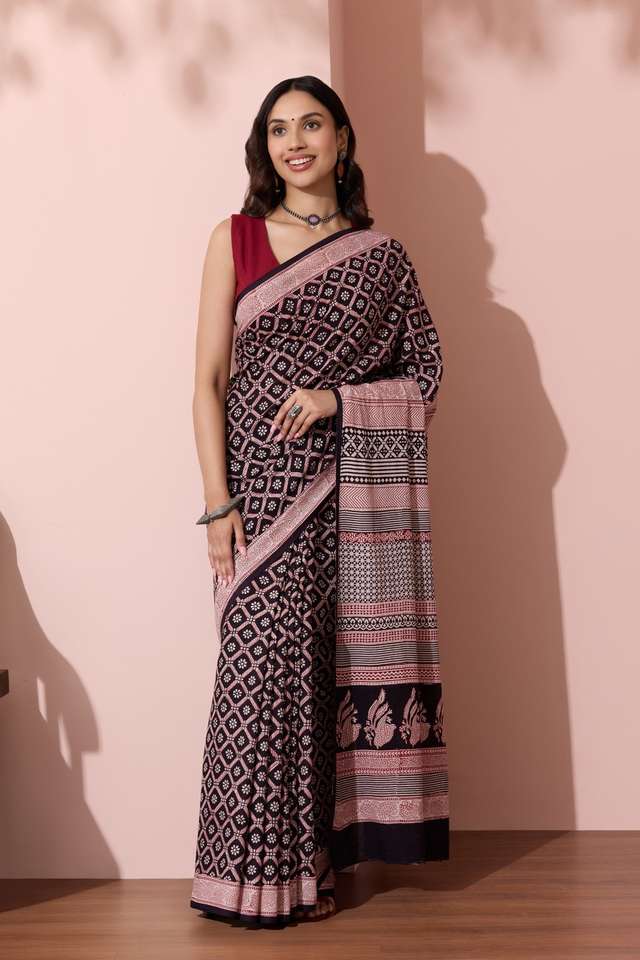 Black Bagh Block Printed Pure Cotton Saree thumbnail image number null