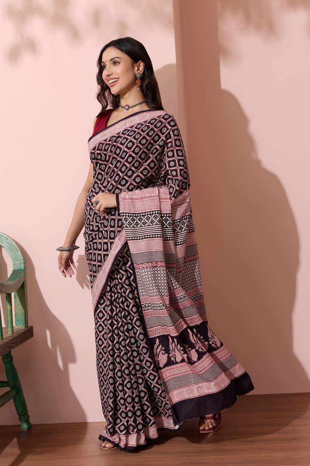 Black Bagh Block Printed Pure Cotton Saree image number null