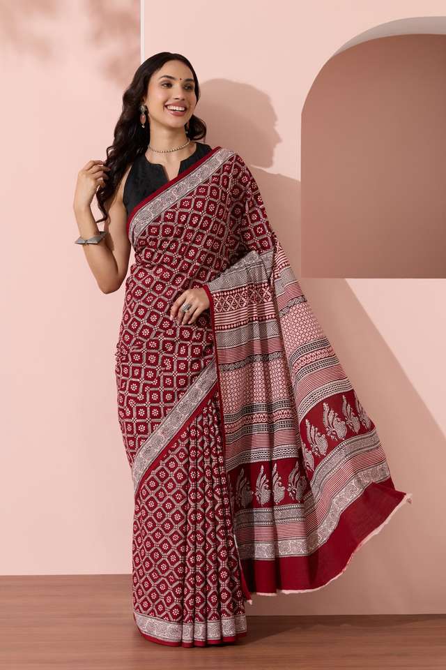 Red Bagh Block Printed Pure Cotton Saree image number