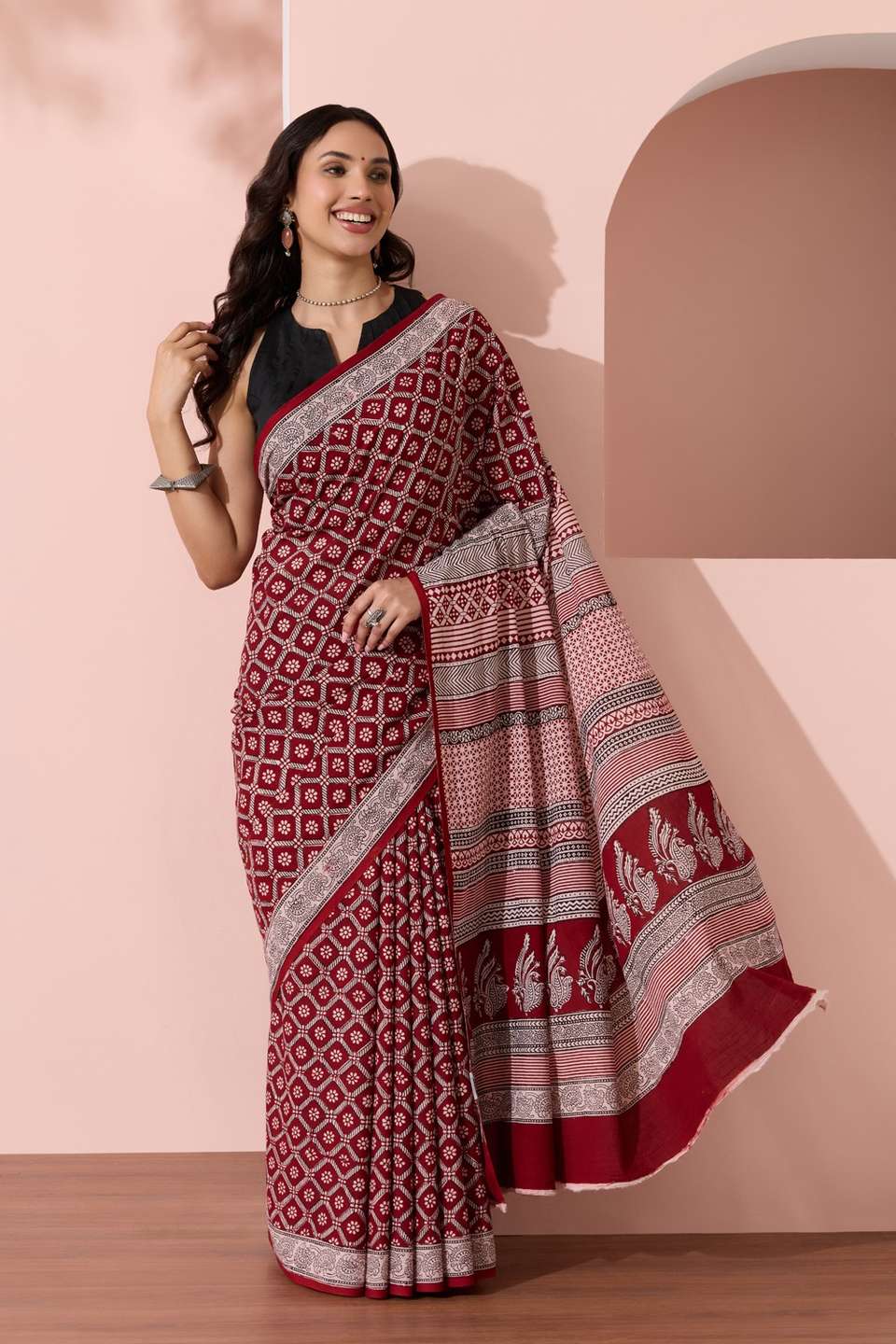Red Bagh Block Printed Pure Cotton Saree
