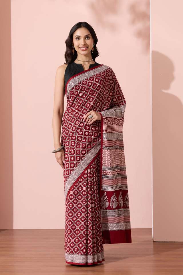 Red Bagh Block Printed Pure Cotton Saree thumbnail image number null