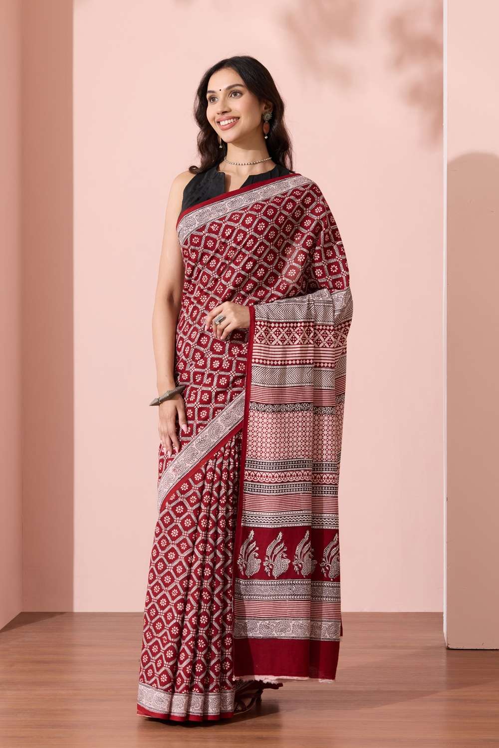 Red Bagh Block Printed Pure Cotton Saree image number null